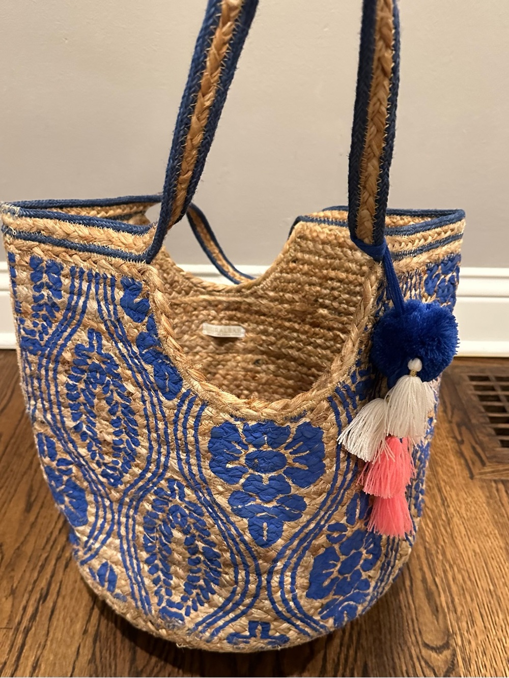 Shiraleah Blue Embroidered Jute Tote with Tassel Charm - Picture 3 of 6